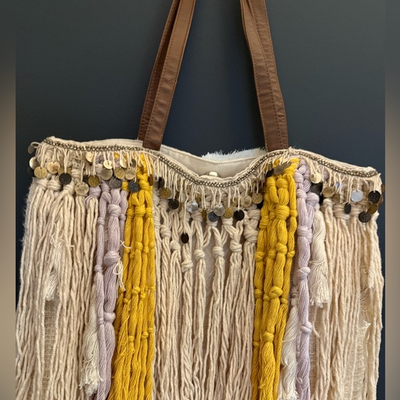 Anthropologie Jasper & Jeera Bohemian Fringe Bag - Cream, Yellow, and Brown - Picture 2 of 12